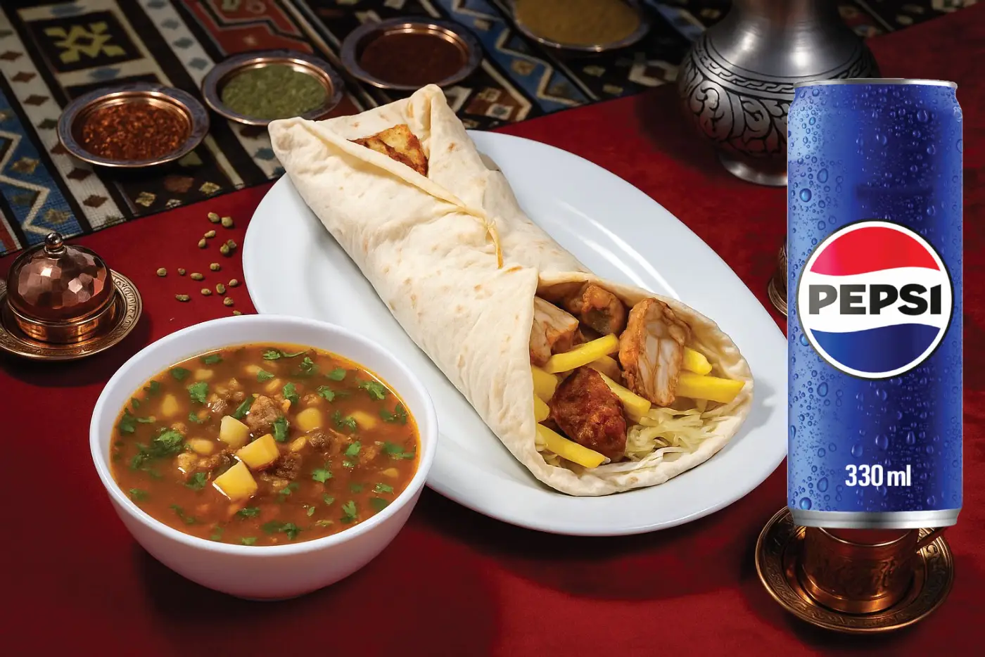 Ciorba de vita + Shaorma sehrazat Ciorba de vita 300ML + Shaorma de Pui 350gr + Pepsi 330ML - imagine 1